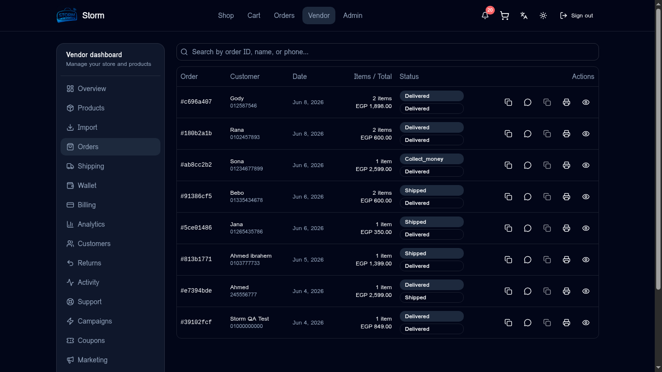 Vendor orders table