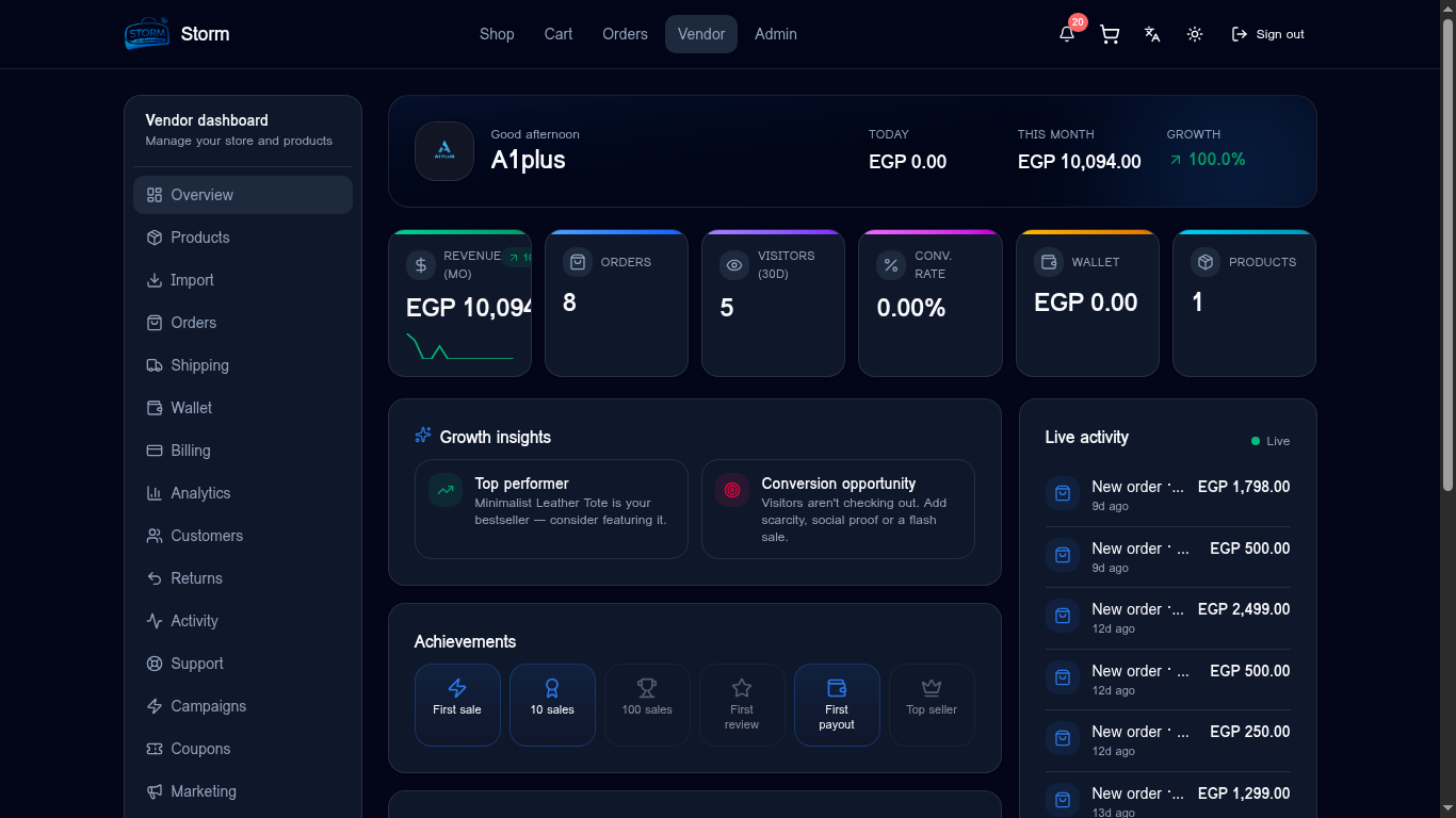 Storm vendor dashboard with revenue, orders and live activity