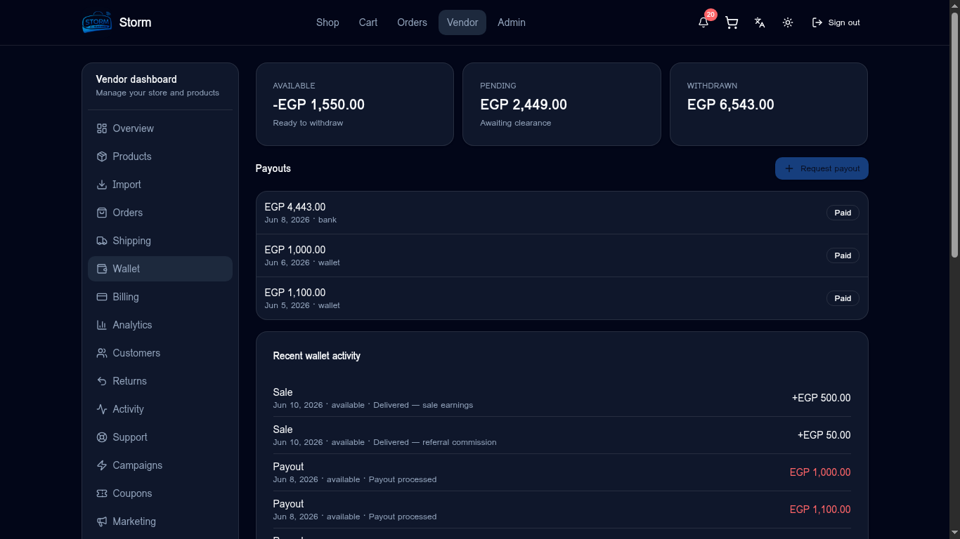 Vendor wallet and payouts